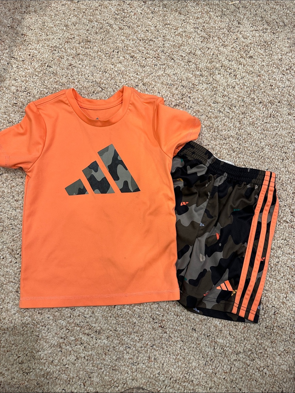 adidas Orange/Peach Tee with Camo Logo & Matching Camo Shorts